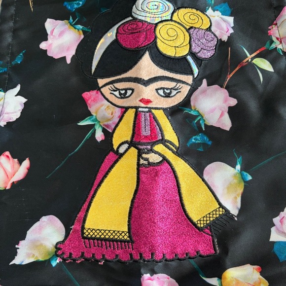 Frida Kahlo Apron Floral Black Roses Embroidered Zipper Pockets - Picture 2 of 4